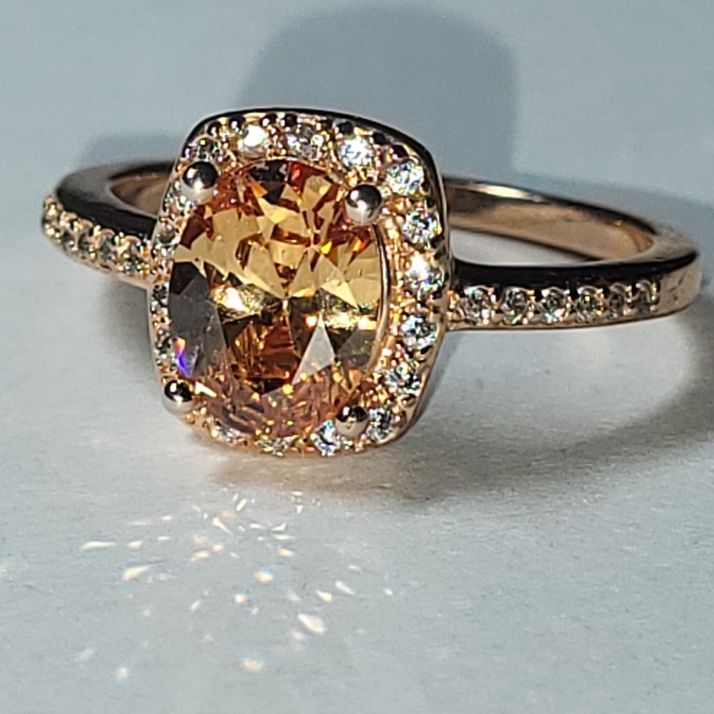Peach Cubic Zirconia, Rose Gold Plated Ring With White CZ Accent Stones Sz 9